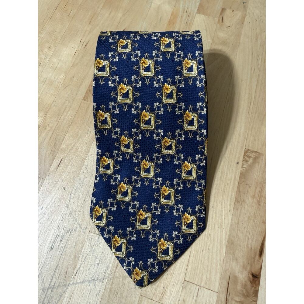 Vintage Valentino Cravatte Silk Tie Geometric Navy Gold Luxury Made Italy Silk
